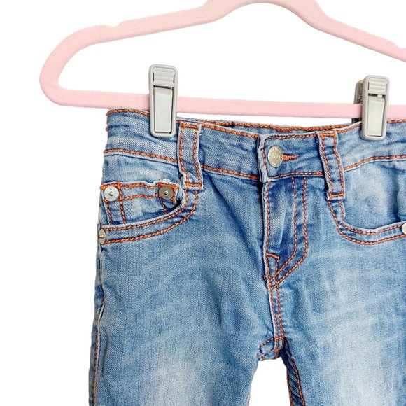 True Religion | Girl's Light Wash Orange Stitch Big T Straight Jeans | Size: 6Y - Picture 2 of 7